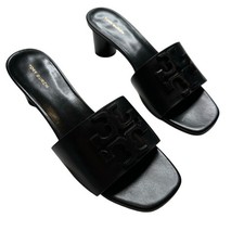 TORY BURCH Ines Mule Sandals Black Leather Block Heel Women's Size 9 NWOT Preppy