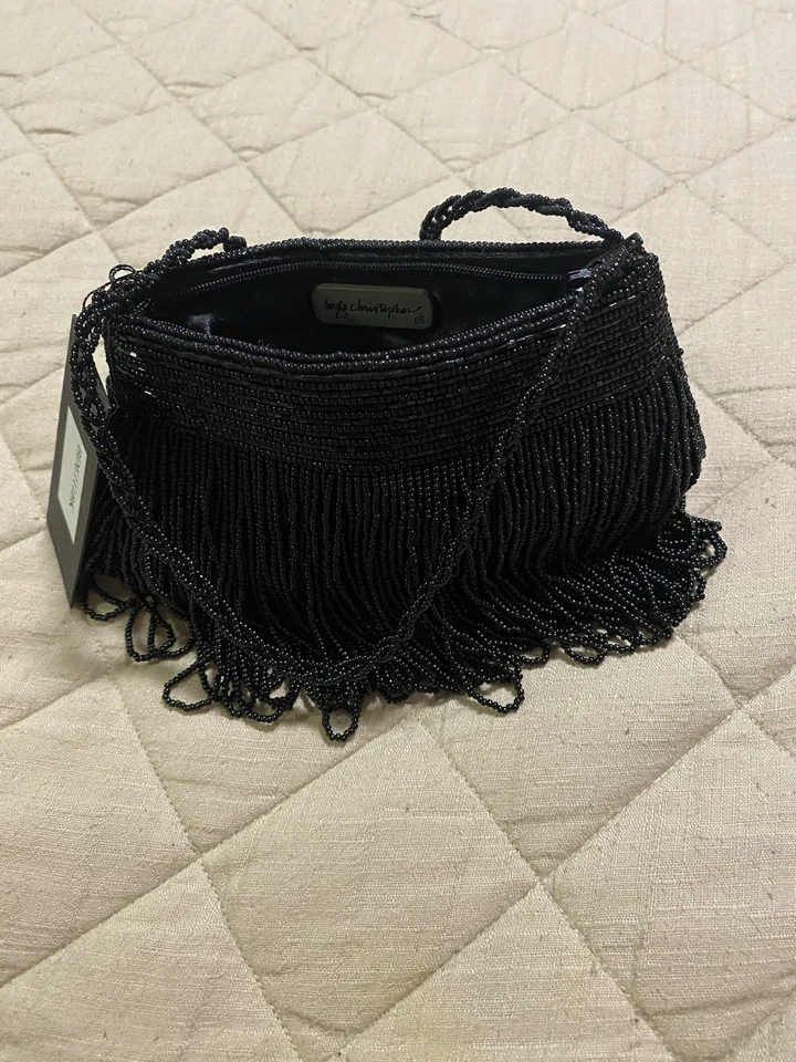 Bolso de noche vintage INGE CHRISTOPHER pequeño negro con flecos con cuentas Foto 2 de 4