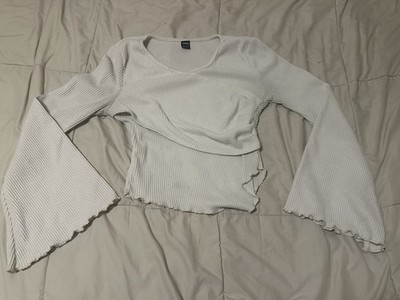White Ribbed Long Sleeve Top Size Small with Bell Sleeves