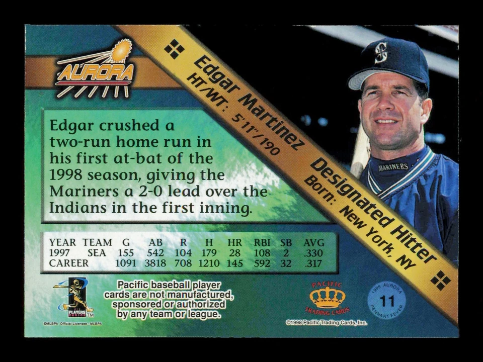 1998 Pacific Aurora #11 Edgar Martinez Pennant Fever Red Seattle Mariners - Image 2 of 2