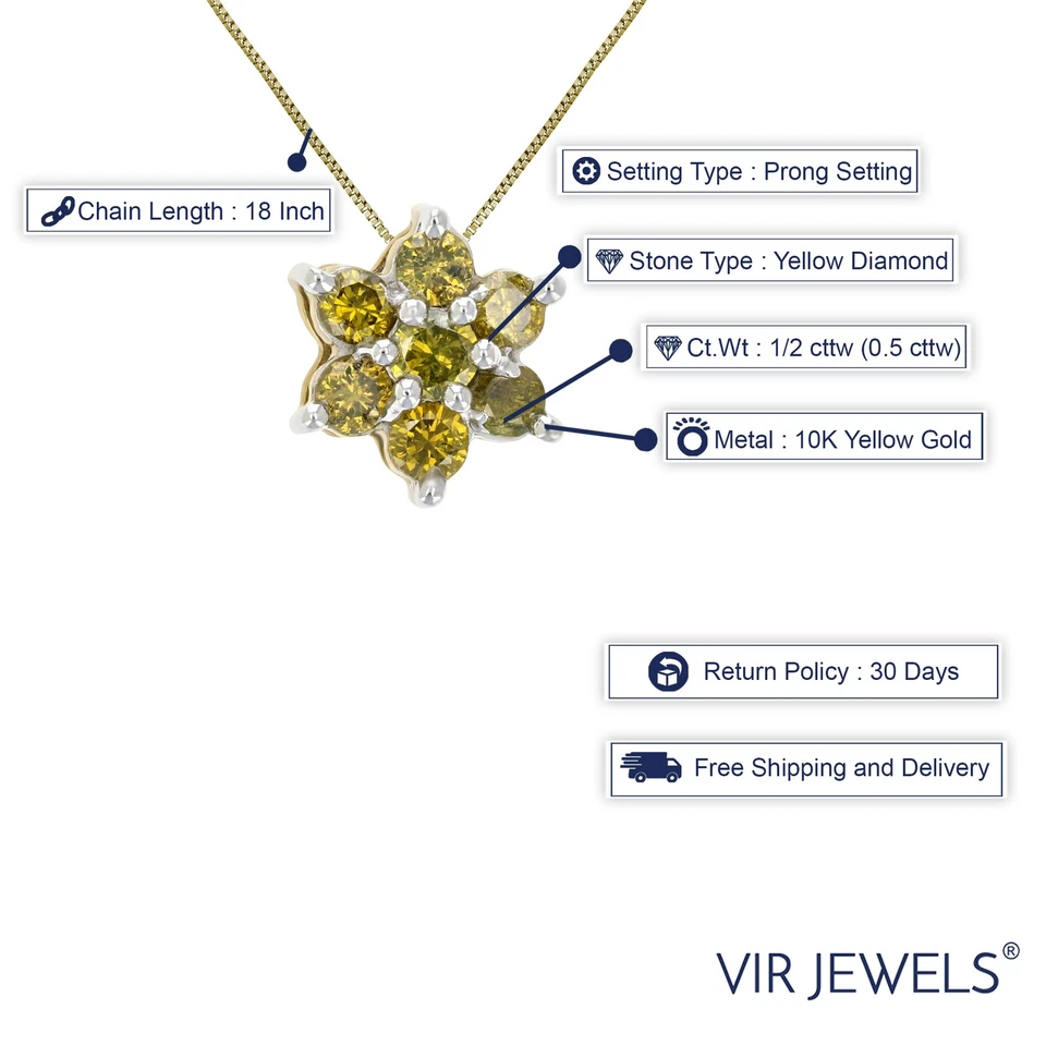 Collar colgante de diamantes amarillos de 1/2 quilate para mujer en racimo de oro amarillo de 10 quilates de 1/3 pulgadas Foto 2 de 4