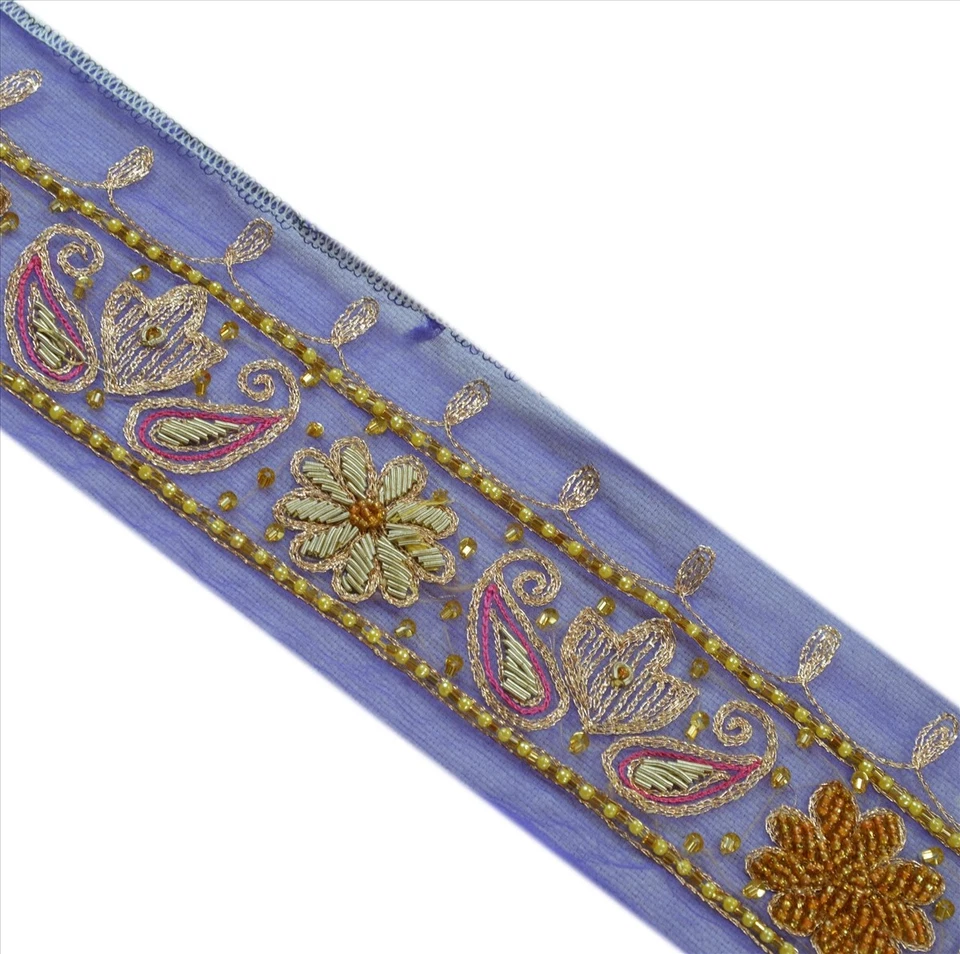 Sanskriti Vintage Sari Borde Cuentas a Mano Artesanal 1 Yarda Costura Púrpura Adornos Encaje Foto 2 de 4