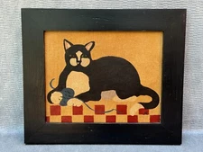 Judy Rogers J.R. Signed Naive Americana Cat & Yarn Ball Original Folk Art Pets