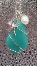 Sea Glass Necklace Silver Wire Turquoise Blue w/Pearl Like Bead Starfish Beach