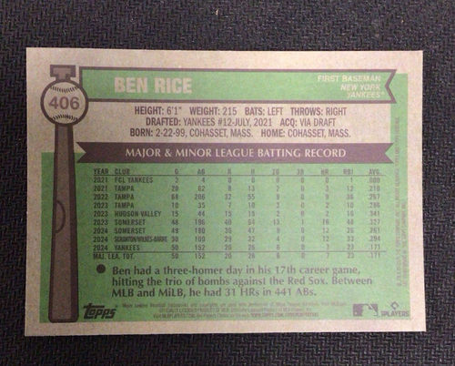 Topps Heritage 2025 cromo Ben Rice azul brillante novato SP Yankees - Imagen 2 de 2