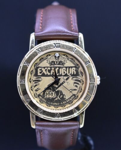 Vtg PEUGEOT PP EXCALIBUR HOTEL CASINO 1993 Watch Men Leather NEW BATTERY & BAND