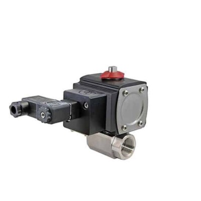 Gemini 3/8'' NPT CFM8 SS DBL Acting Pneu Act Valve EPDM Seal w/Solenoid 12VDC