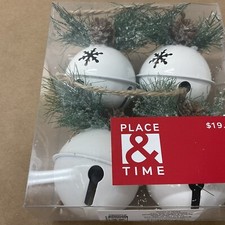 NEW Place  Time White Jingle Bells w/Greenery 4 Count - 2  Each Ready To Hang