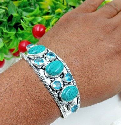 925 Sterling Silver Turquoise & Topaz Gemstone Jewelry Bracelet