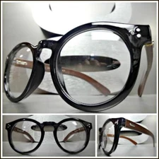 Mens CLASSIC VINTAGE RETRO Style Clear Lens EYE GLASSES Round Black & Wood Frame