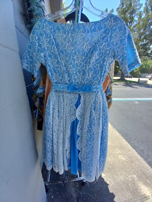 Vintage Handmade Blue Dress 60's with White Lace Overlay Fit n Flare 25 waist | eBay Vintage Handmade Blue Dress 60's with White Lace Overlay Fit n Flare 25 waist | eBay