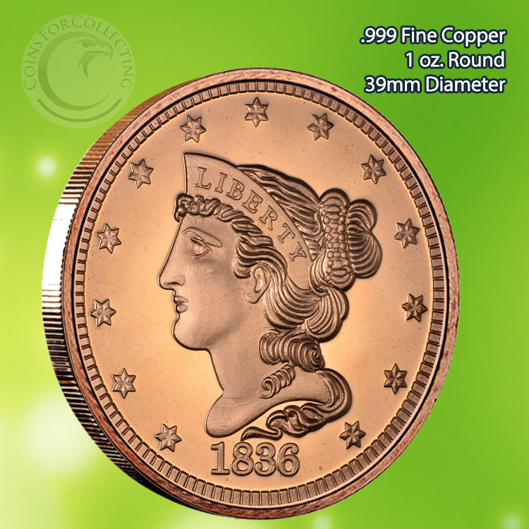 1836 Braided Hair Large Cent 1 oz .999 Copper Round | eBay