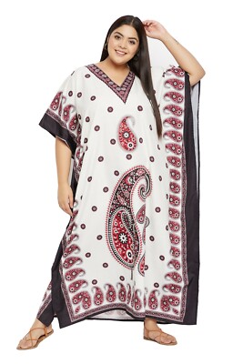 Women Kaftan Maxi Dress Kimono Sleeves Beachwear V-Neck Printed Polyester Caftan