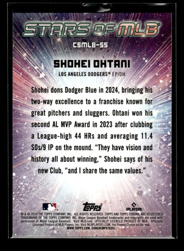 2024 Topps Series 2 Stars of MLB CHROME #CSMLB-55 Shohei Ohtani (NM+)(BAS) - Picture 2 of 2
