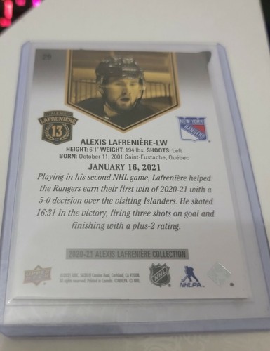 Alexis Lefreniere (NYR) Collection Card #29 Upper Deck 2020-21. - Picture 3 of 4