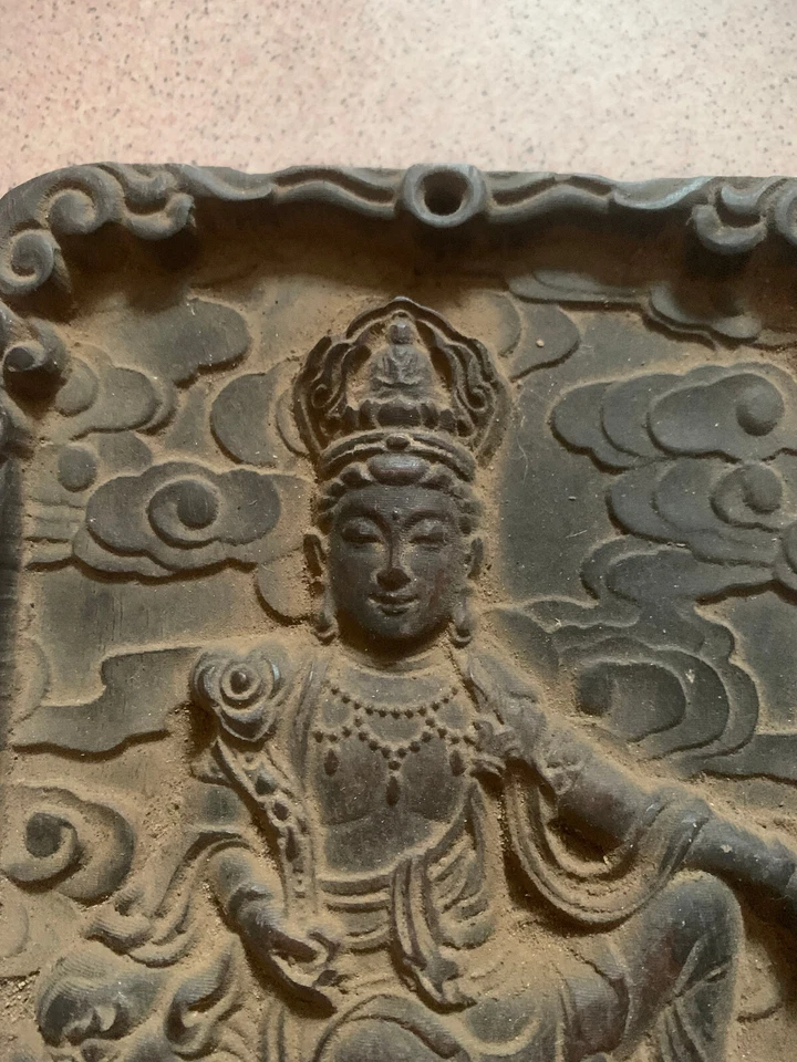 Madeira tibetana grande de 8,7 polegadas esculpida à mão *Bodhisattva na besta* TangKa - Imagem 2 de 4