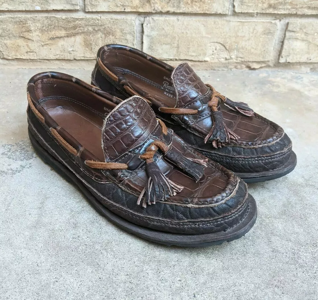 Russell Moccasin Alligator Exotic brown leather tassel Loafer Shoe Men 8.5EE EUC Russell Moccasin Alligator Exotic brown leather tassel Loafer Shoe Men 8.5EE EUC