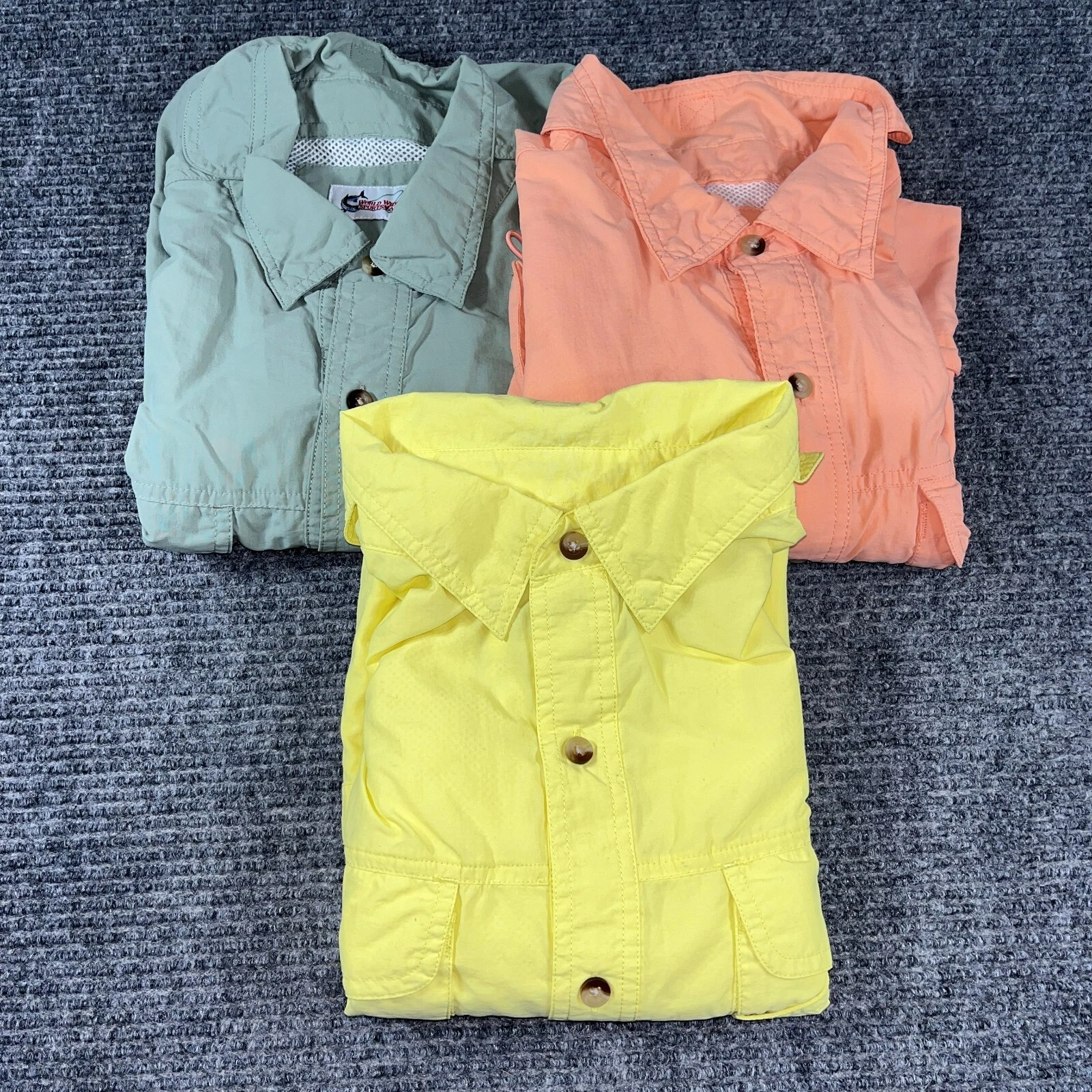 World Wide Sportsman LOT of 3 large fish shirts yellow orange green* vented