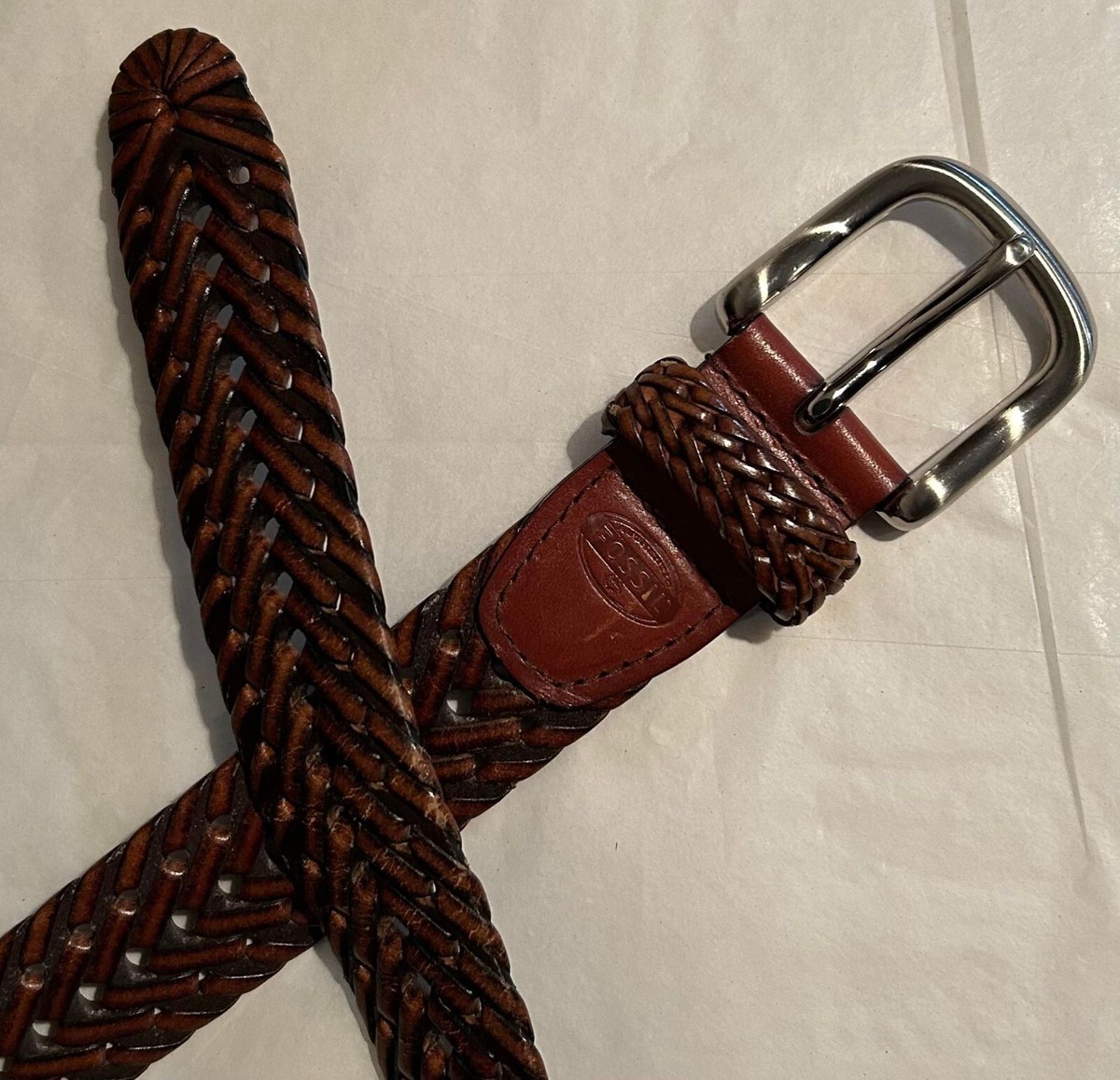 FOSSIL Brown Braided Leather Belt Silver Tone Hardware Size  display picture 1