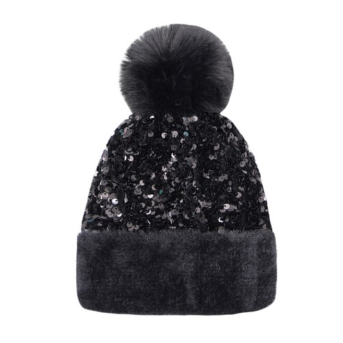Women Girls Winter Sequin Beanie Hat with Faux Fur Pom Pom Knit Skull Cap Black