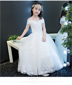 Childrens Girls Off Shoulder Elegant Embroidered Gown Wedding Party Dress ZG9 