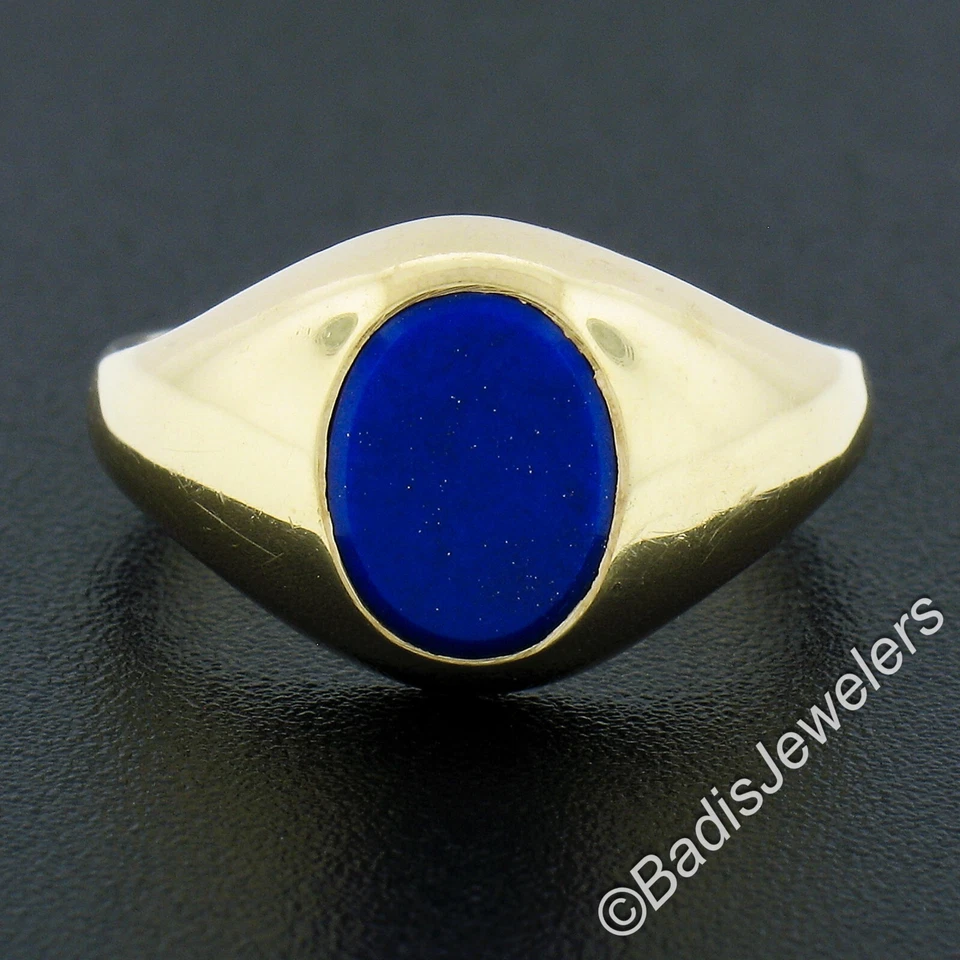 Anillo Clásico Oro Amarillo 14k Bisel Ovalado Cabujón Azul Lapislázuli Pulido Cúpula Banda Foto 3 de 4