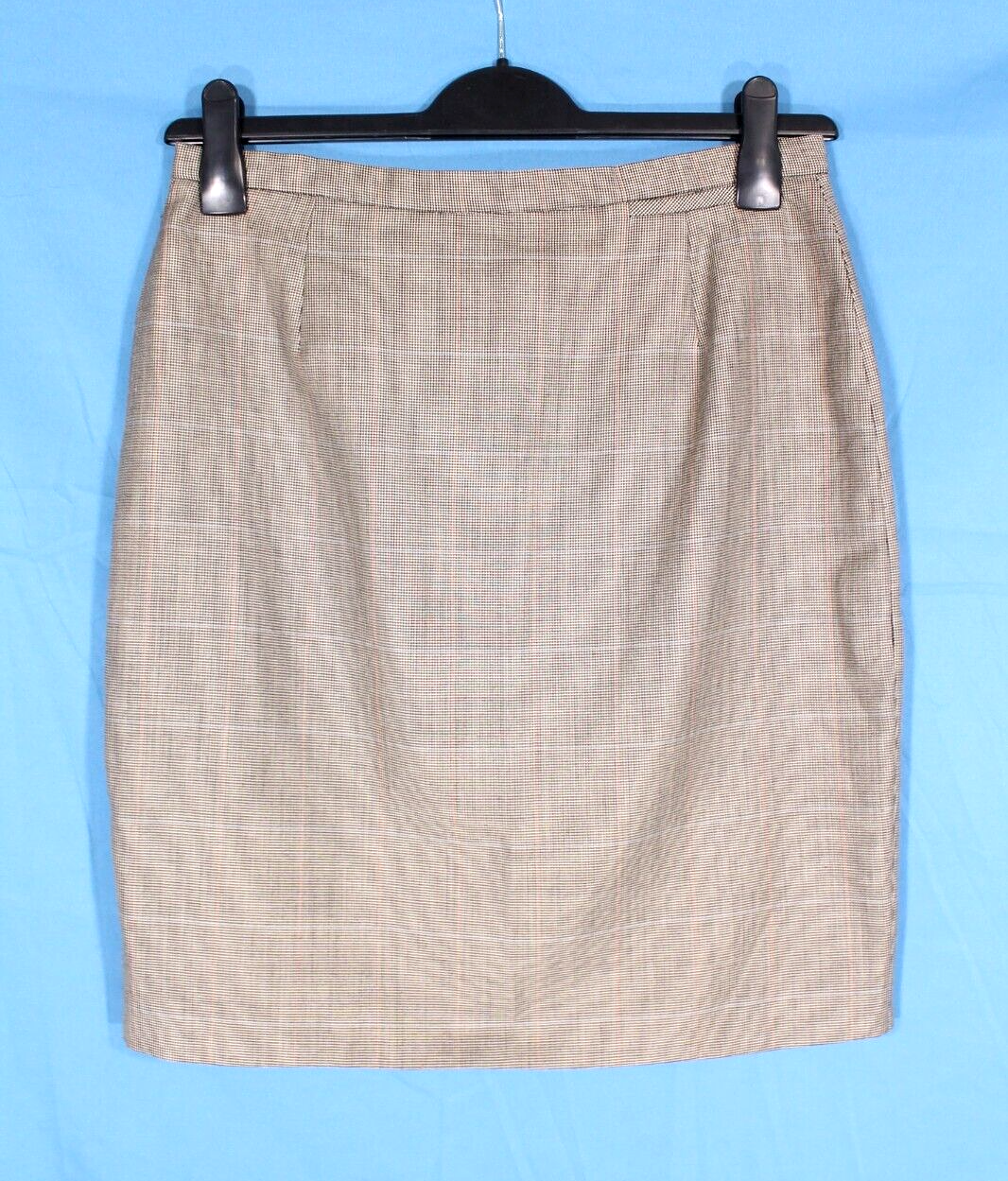 VTG BURBERRYS Black/Tan WOOL SILK BLEND Tiny Houndstooth/Plaid STRAIGHT SKIRT 6
