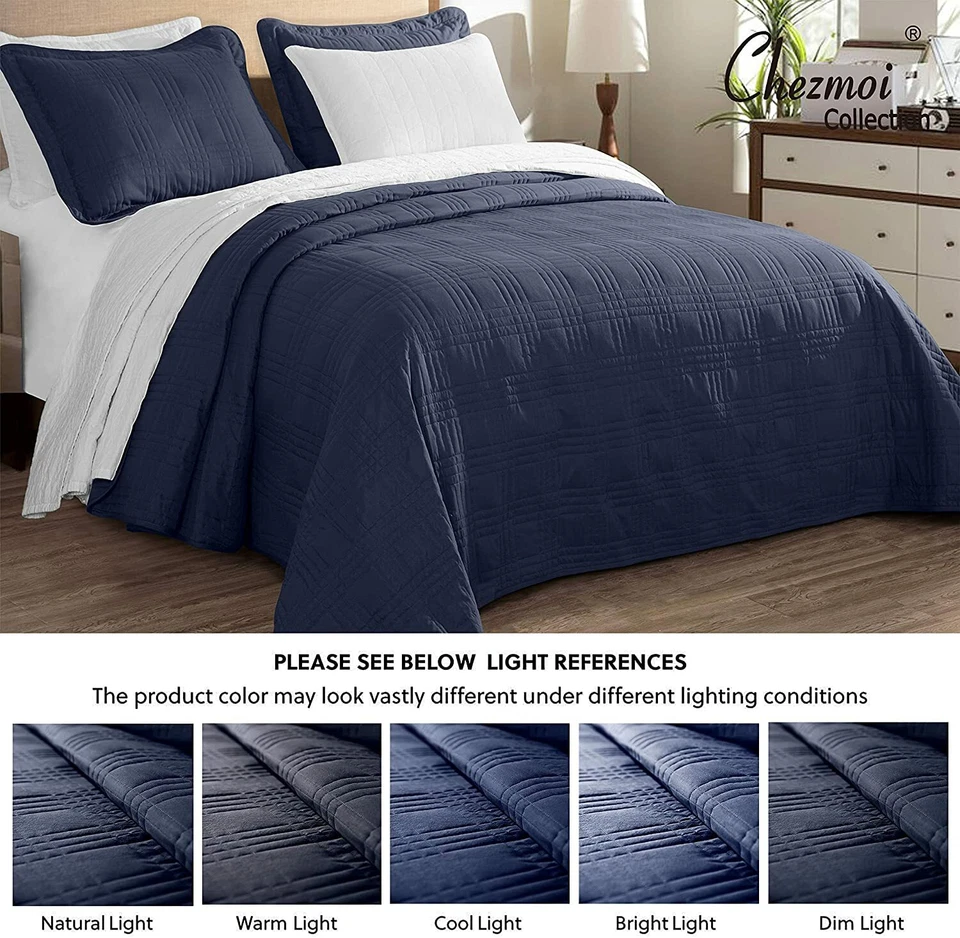 Chezmoi Collection 3-Piece Navy Oversized Bedspread Quilted Coverlet Bedding Set - Image 4 of 4