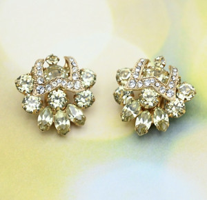 Authentic Vintage Eisenberg Icing Lemon Yellow Clear Rhinestone Gold Plated Clip Earrings
