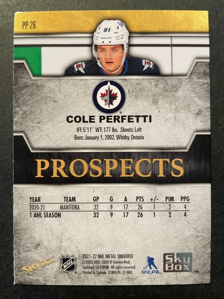 Cole PERFETTI 2021-22 Skybox Metal Universe Premium Prospects Sapphire #PP-26 - Image 2 of 2