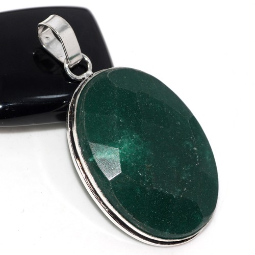 925 Silver Plated Simulated Emerald Ethnic Pendant Handmade Jewelry Size 2" M427
