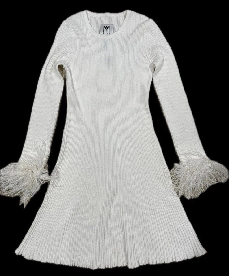 $325 Milly Minis Girls Ecru Fit & Flare Feather Sleeve Dress Size 14-16 NWT