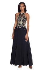 Betsy  Adam Women's Long Embroidered Halter Chiffon Gown Black/Gold 6
