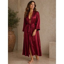 Vintage Burgundy Robe Satin Long Wrap Pleated Trim Wine Red Lingerie Small