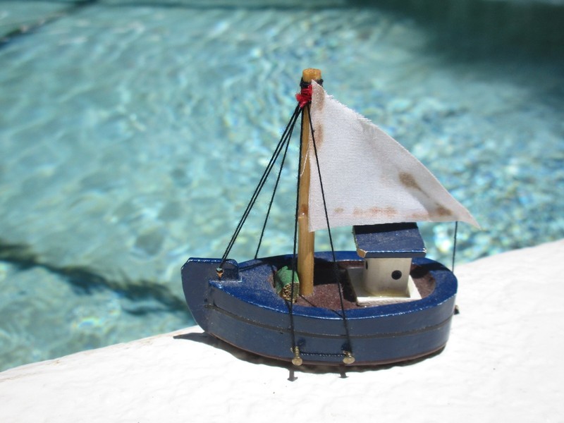 Vtg Painted Wood Model Fishing Boat Christmas Ornament Nautical Ocean Blue 2.5"