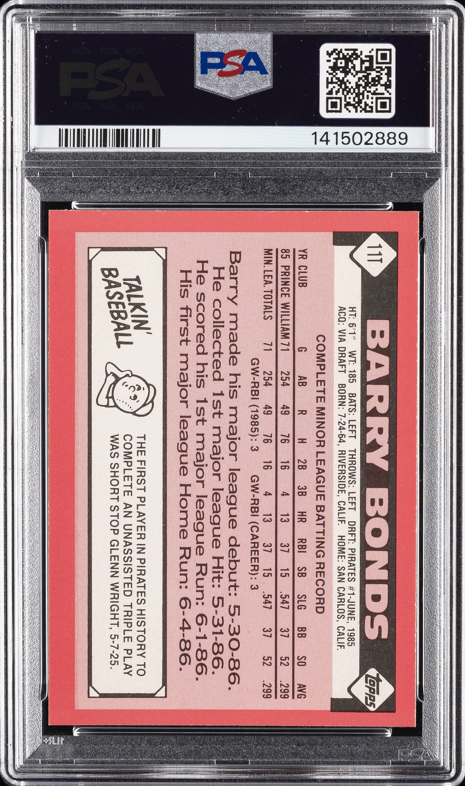 1986 TOPPS TRADED TIFFANY #11T BARRY BONDS ROOKIE RC PSA 9 view 2