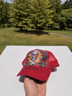 Ed Hardy Red Skull Graphic Print Mesh Back Adjustable Trucker Hat One Size