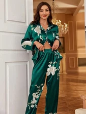Floral Print Satin Pajama Set - Size 2X