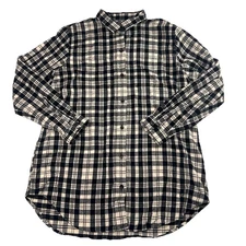 L.L. Bean Flannel Shirt Womens Size L Black Cream Scotch Plaid Tunic Top Button