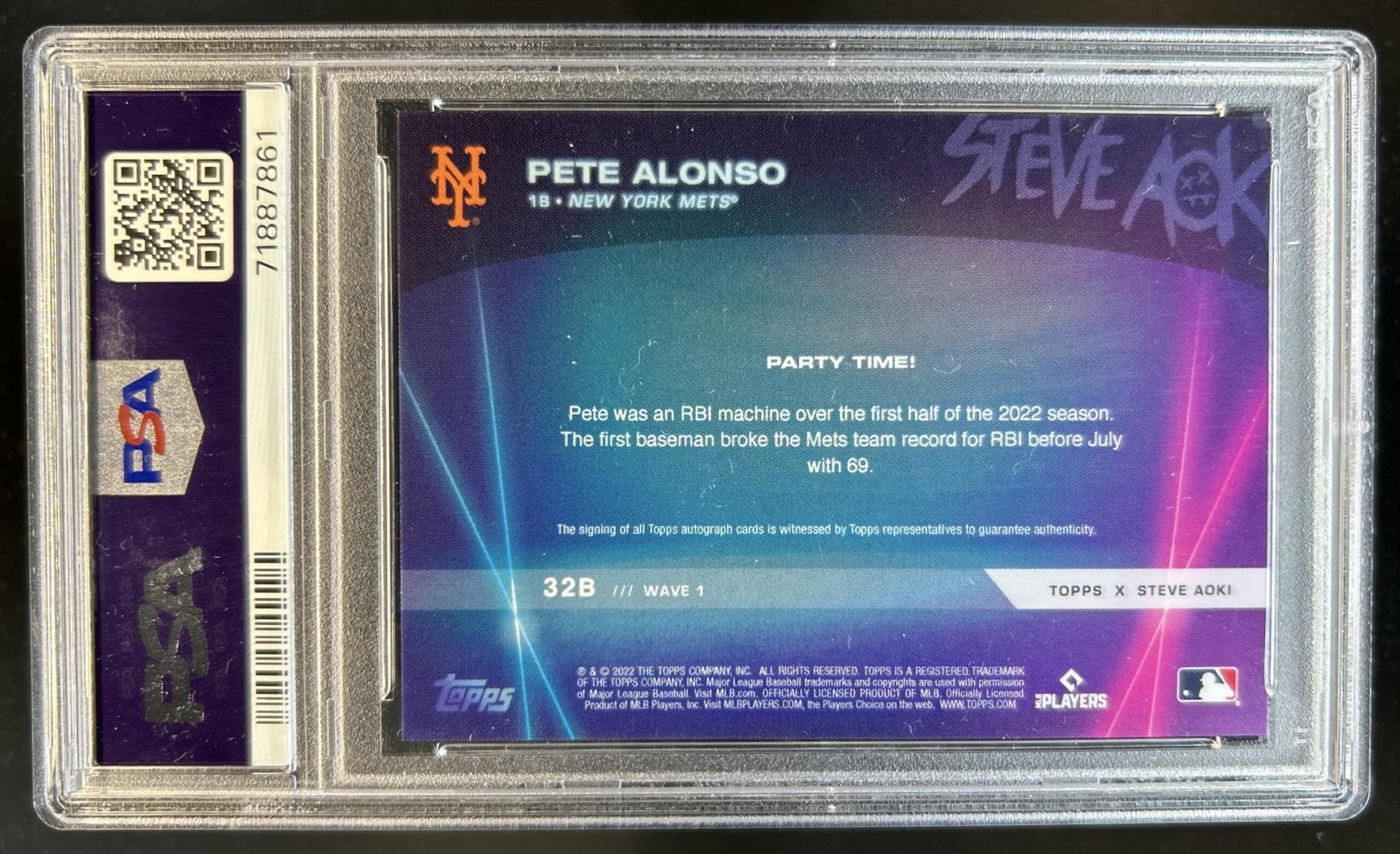 2022 Topps x Steve Aoki's Pete Alonso Auto Yellow Glitter Blast #/25 PSA 9 10 view 2