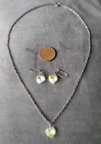 Vintage Aurora Borealis Crystal Heart Pendant And Necklace Matching Earrings - Picture 6 of 6