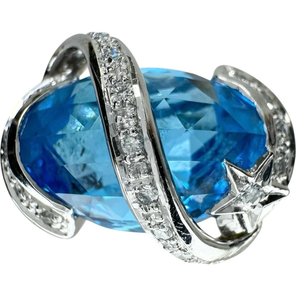 US 8 Topacio Azul 7.70ct Diamante 0.14ct Anillo K18WG Oro Blanco 8.4g Mujeres - Imagen 2 de 4