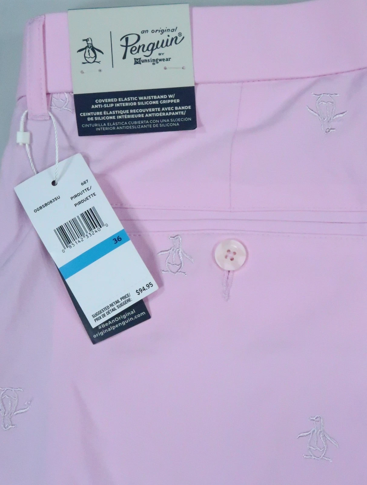 $95 NWT PENGUIN ORIGINAL MEN 36 performance embroidered golf tech shorts pink 9"