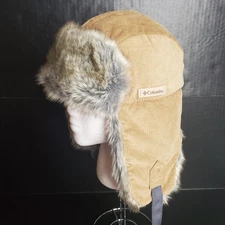 Columbia Faux Fur Corduroy Trapper Hat Unisex Size S/M Brown W/ Fleece Lining