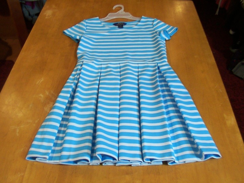 Polo Ralph Lauren Girls Aqua & White Short Sleeve Striped Ponte Dress-Sz. 12/14