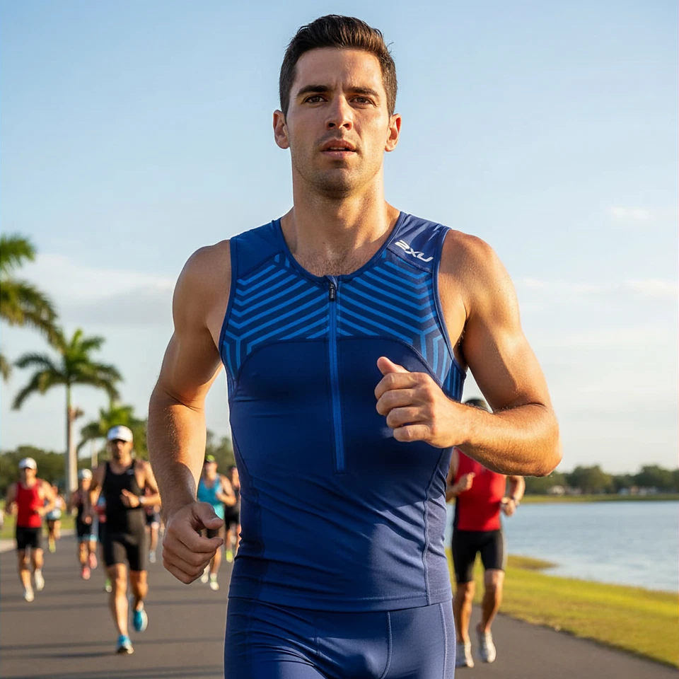 2XU Tri Singlet Mens XS Blue Compression Pockets Quick Dry Sensor Mesh Triathlon - Image 2 of 4