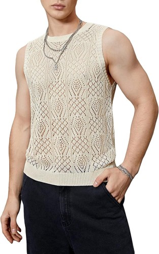 New Summer Men's Top Sleeveless Round Neck Hollow Out Jacquard Vest Cool Breath - Picture 25 of 25