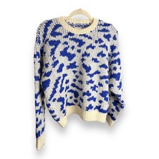 MOTHER The Crop Jumper Sweater In Feline Friends Blue Leopard Print SZ L NWT
