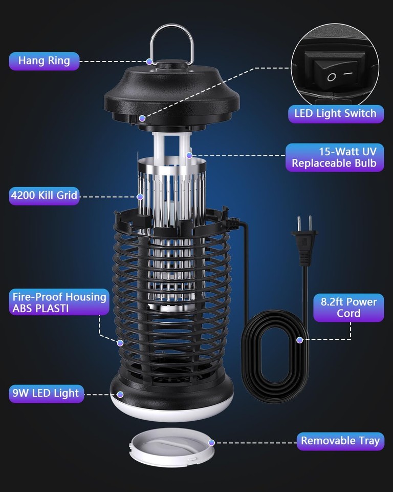 Bug Zapper Outdoor,15w Electric Mosquito Zapper with LED Light for