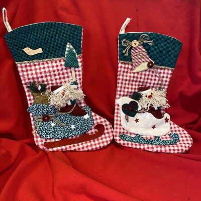 Two Christmas stockings with Santa and sleds bells and trees 15 